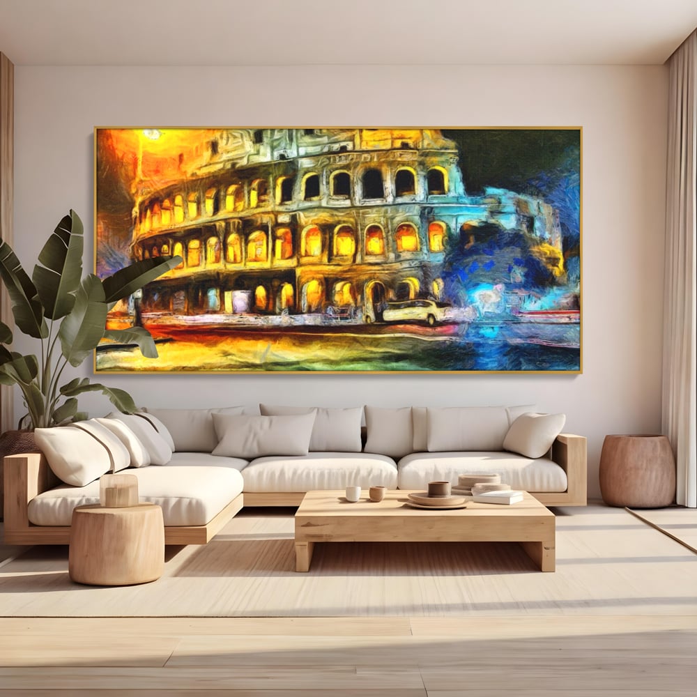 Tablou canvas cu pictura digitala cu colosseumul din roma noaptea, in rama de aluminiu auriu, pe perete intr-un living